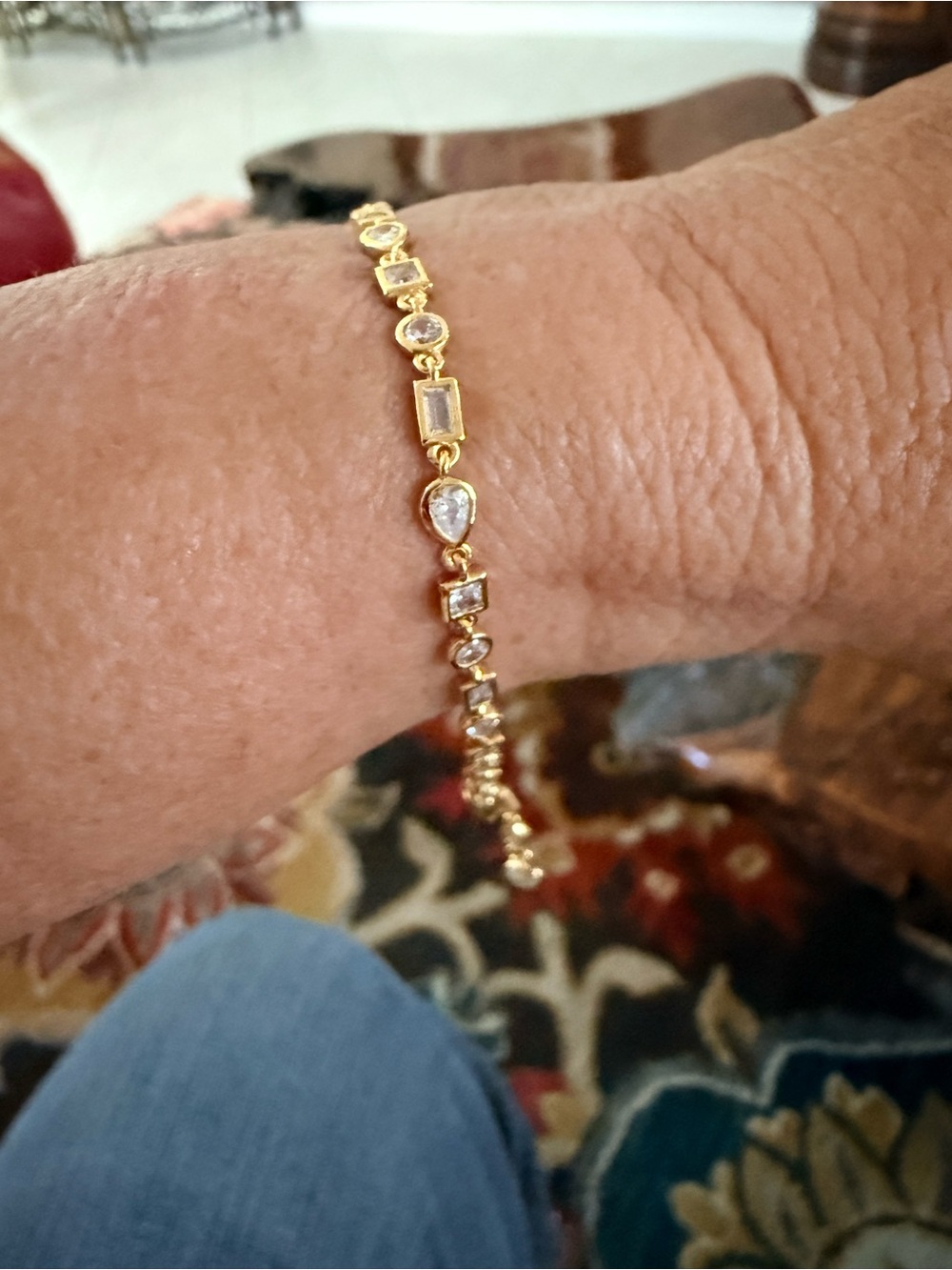 Elegant Gold over Silver Tennis Bracelet with clear CZ multi shaped - Size Small